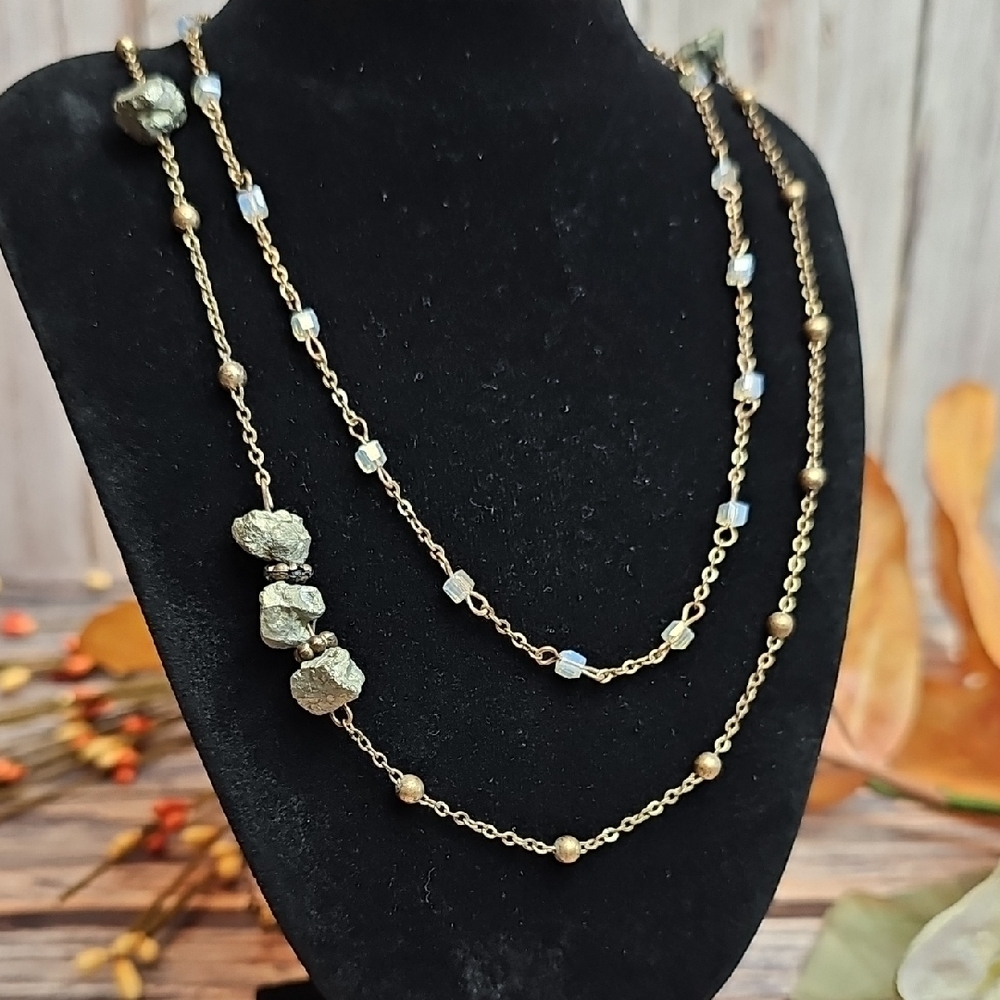 VINTAGE STYLE OPERA LENGTH NATURAL RAW-CUT PYRITE NECKLACE